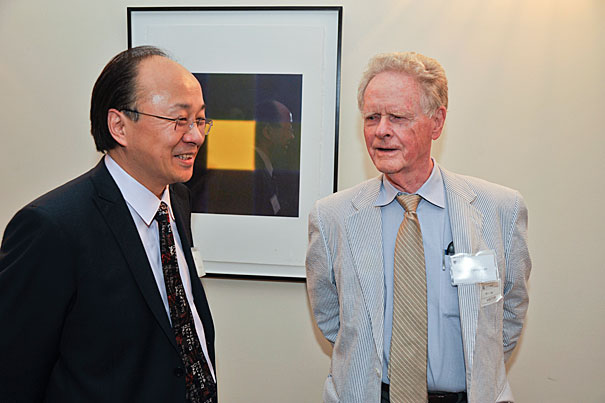 Dempster Prize Xiao-Li Meng (left), Whipple V. N. Jones Professor of Statistics, speaks with Arthur P. Dempster before the event that celebrated the inauguration of the Arthur P. Dempster Award and the 55th anniversary of the Harvard Statistics Department. Photo courtesy of Harvard Gazette