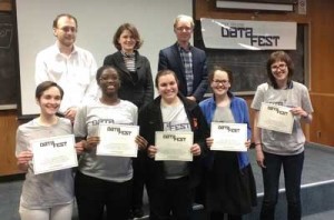 Smith College students (front row, from left) Dana Udwin, Michele Handy, Deirdre Fitzpatrick, Maja Milosavljevic, and Sara Stoudt show off their certificates for winning Best in Show/Best Visualization at the Five College DataFest. Also pictured (back row, from left) are Davit Khachatryan, Babson College assistant professor of statistics/analytics; Becky Sweger, director of data and technology for the National Priorities Project; and Jay Emerson, Yale University associate professor of statistics. 