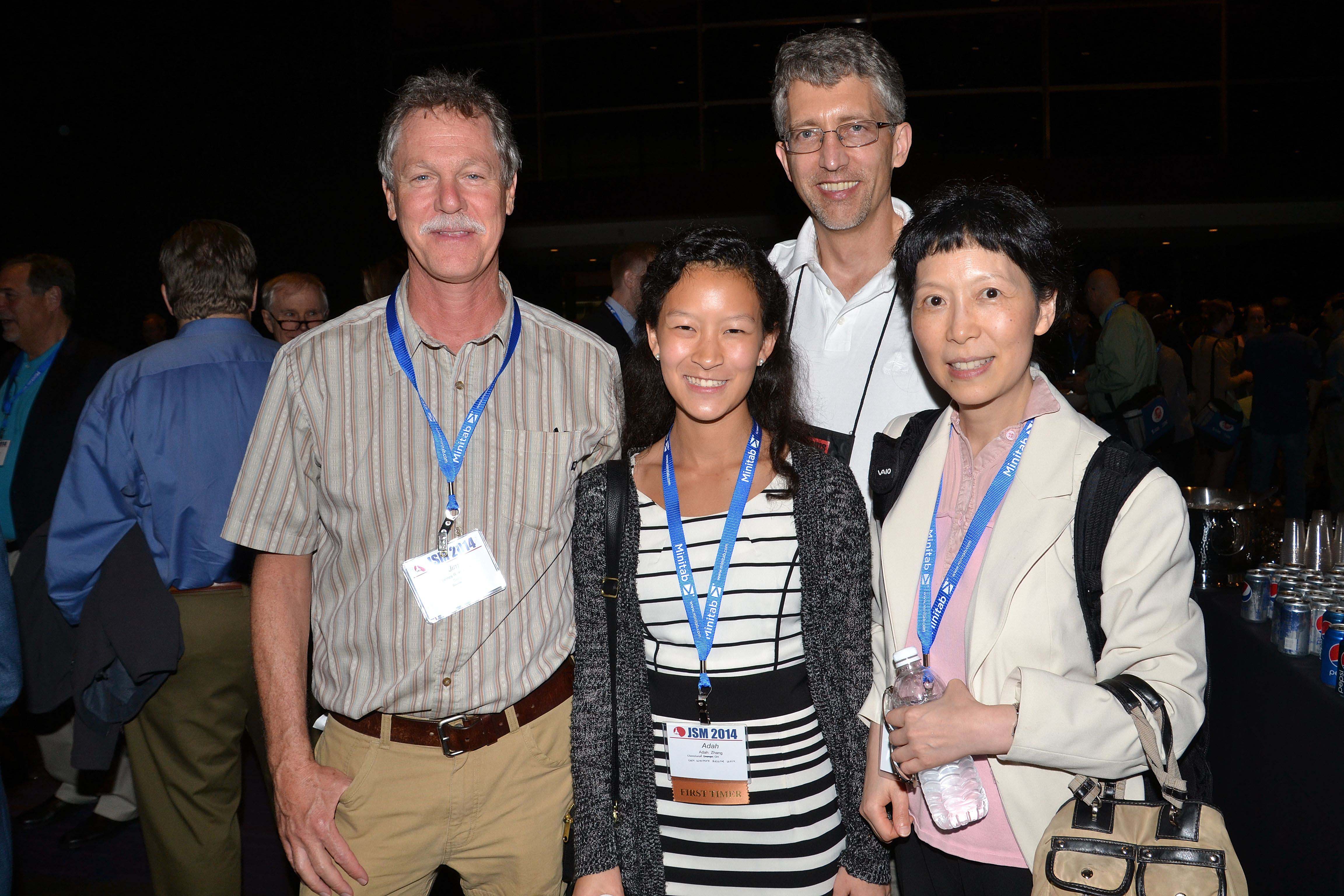 Jim Koehler, Tim Hesterberg, Adah Zhang, and Jiayang Sun mingle during the Opening Mixer