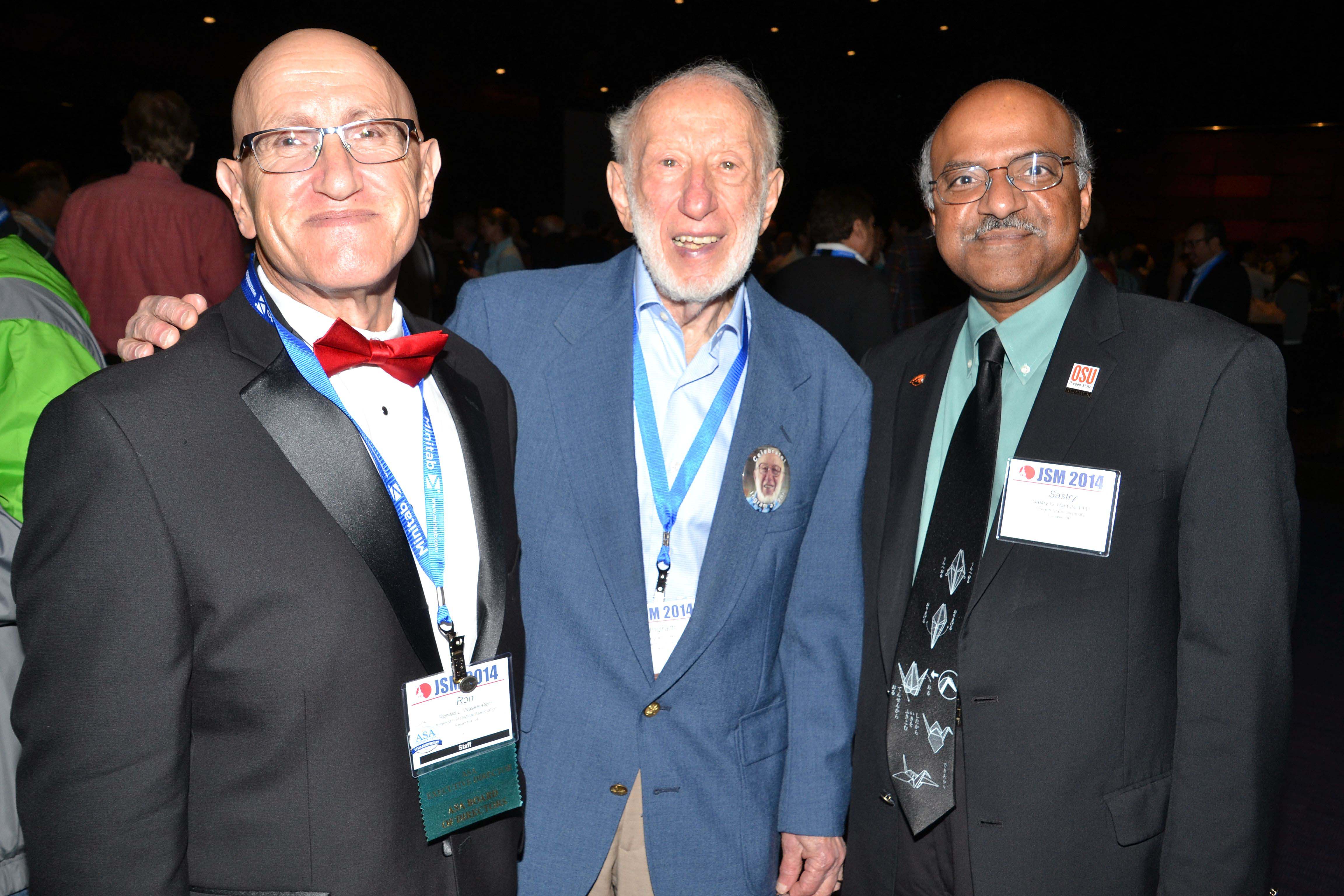 From left: Ron Wasserstein, Ingram Olkin, and Sastry Pantula attend the Opening Mixer