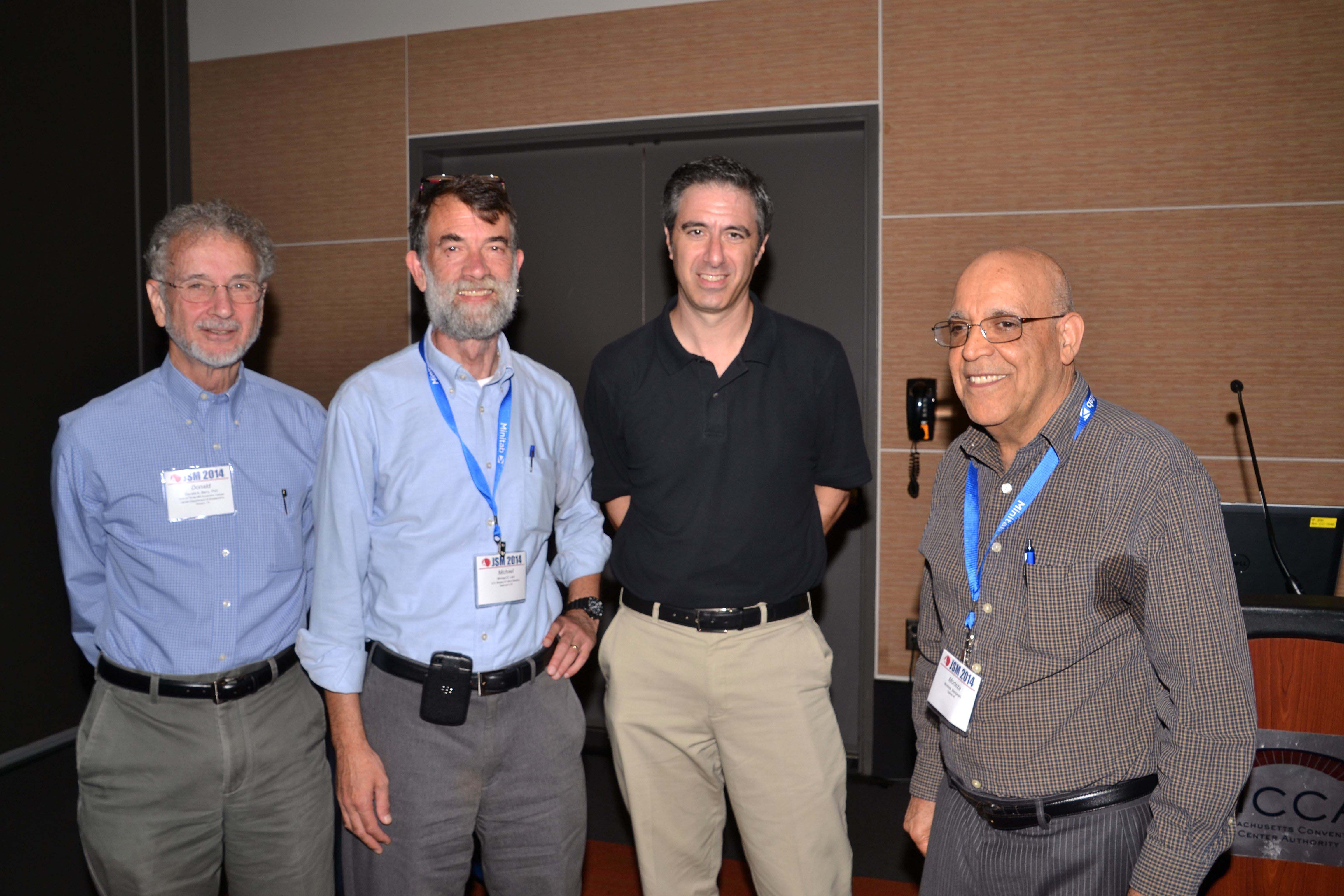 Statistics and the Media presenters (from left): Donald Berry, MD Anderson Cancer Center; Michael Levi, Bureau of Labor Statistics; Alan Schwarz, New York Times; and Morteza Marzjarani (organizer)