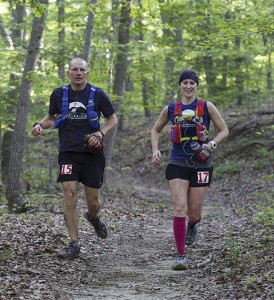 Sara Davidson and friend Rob Colenso at mile 49 of the Athletic Equation OSS/CIA 50-Mile Night Run near Quantico, Virginia, in June of 2014