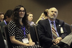 Jaime Lynn Speiser, a biostatistics student at the Medical University of South Carolina and the 2015 recipient of the Lester R. Curtin Award, sits with ASA President David Morganstein during the keynote address at the Conference on Statistical Practice February 20 in New Orleans, Louisiana.