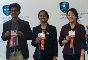 From left: Niranjan Balachandar, 18; Yashaswini Makaram, 17; and Melissa Amber Yu, 18, show off their ribbons at the 2015 Intel International Science and Engineering Fair, held in May in Pittsburgh, Pennsylvania.  
