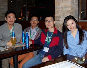 (from left to right): Zihao Zhang (Brown University), Fan Li (Duke University and a Student Travel Award winner), Chenyang Gu (Brown University and a Student Travel Award winner), and Joanna Wang (University of Technology Sydney) socialized and networked after the Student Award ceremony and social entertainment event; Wang, a post-doctoral fellow, traveled all the way from Australia; the rest are graduate students in the US. 