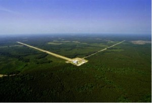 Aerial view of the LIGO detector in Livingston, Louisiana; a twin detector is located in Hanford, Washington. 