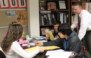 Shelby Aaberg engages his students in a class discussion. Photo by Lindsay Augustyn