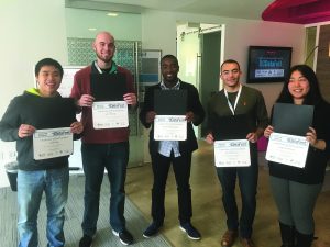 The team receives certificates for participation and for the 'Best Visualization' award at the 2016 DC DataFest. Vinh Mai, Sam Brady Amen Houenouvi, Mo Abouissa, Leanna Moron