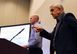Eric Vance, left, and Doug Zahn participate in “The Extraordinary Power of Statistical Collaboration” August 1, 2016, at the Joint Statistical Meetings in Chicago, Illinois.