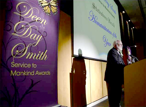 Karl Peace expresses his gratitude and recognizes others he has worked with after being named Humanitarian of the Year during the 2017 Deen Day Smith Service to Mankind Awards banquet at the Nessmith-Lane Conference Center.