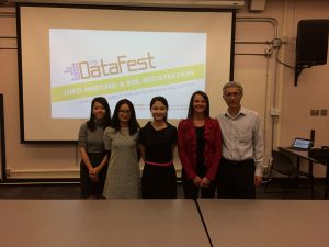 Arizona Chapter officers promote a DataFest hackathon to Arizona State University students. From left: vice president Jie (Jane) Pu, treasurer Yongzhao Peng, officers Shuo Jiang and Chantal Jubinville, and president Rodney Jee.