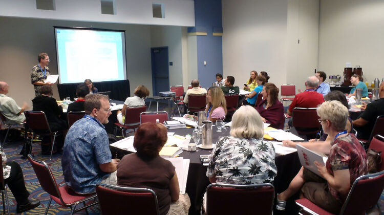 Allan Rossman and Beth Chance present material just beyond the AP Statistics syllabus to participants of the Beyond AP Statistics Workshop.