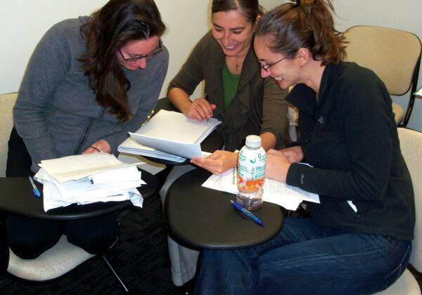 Leadership in Biostatistics students discuss strategic planning during a break-out session. From left: Margaret Polinkovsky, Daniela Sotres-Alvarez (faculty member auditing the course), and Alison Wise.