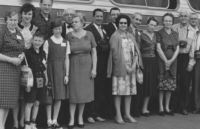 1956 ASA President Gertrude Cox (front, fourth from left) and Bernard Greenberg (back, second from left) at the 1963 ISI session in Ottawa. Greenberg family members are Ruth (back, left), Ray (front, second from left), and Frances (front, third from left). Others are A. Ross Eckler (second from right), who served as ASA president in 1969, and Tulio Hostilio Montenegro (fifth from right), secretary general of the InterAmerican Statistical Institute.