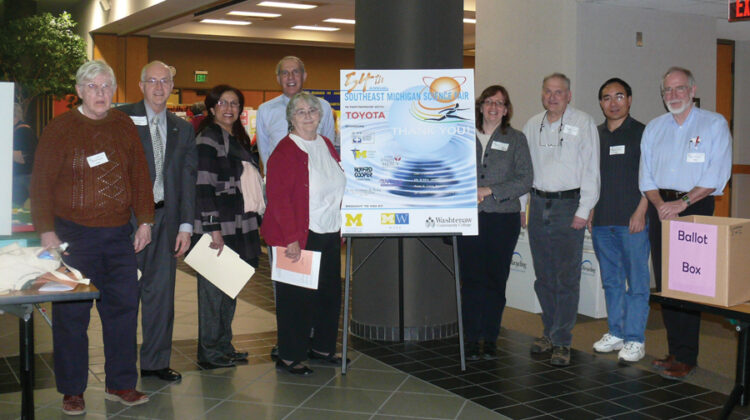 From left: Chapter members Bob Peterson, education committee co-chair, Detroit Chapter; Lance Heilbrun, chapter representative, Detroit Chapter; Anamaria Kazanis, president and chapter representative; Ann Arbor Chapter; George Divine, past president, Detroit Chapter; Kathy Peterson, education committee co-chair, Detroit Chapter; Karry Roberts, secretary, Detroit Chapter; John Gillespie, Ann Arbor Chapter; Huiyong (Thomas) Zheng, Ann Arbor Chapter; Rob Kushler, treasurer, Detroit Chapter