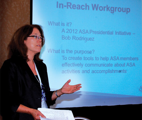 Jeri Mulrow explains in-reach communication at the Council of Chapters workshop during JSM 2012