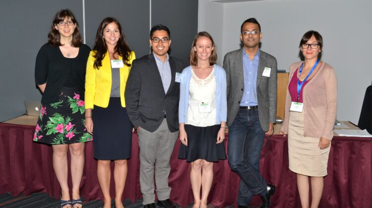 Invited panel for Post PhD: What to Expect in Your First Year? (from left) Chair Jennifer Sinnott, Harvard University; Organizer Layla Parast, RAND Corporation; Miguel Marino, Oregon Health and Science University; Jessica Minnier, Fred Hutchinson Cancer Research Center; Gourab De, Analysis Group Inc.; Violeta Hennessey, Amgen Inc.