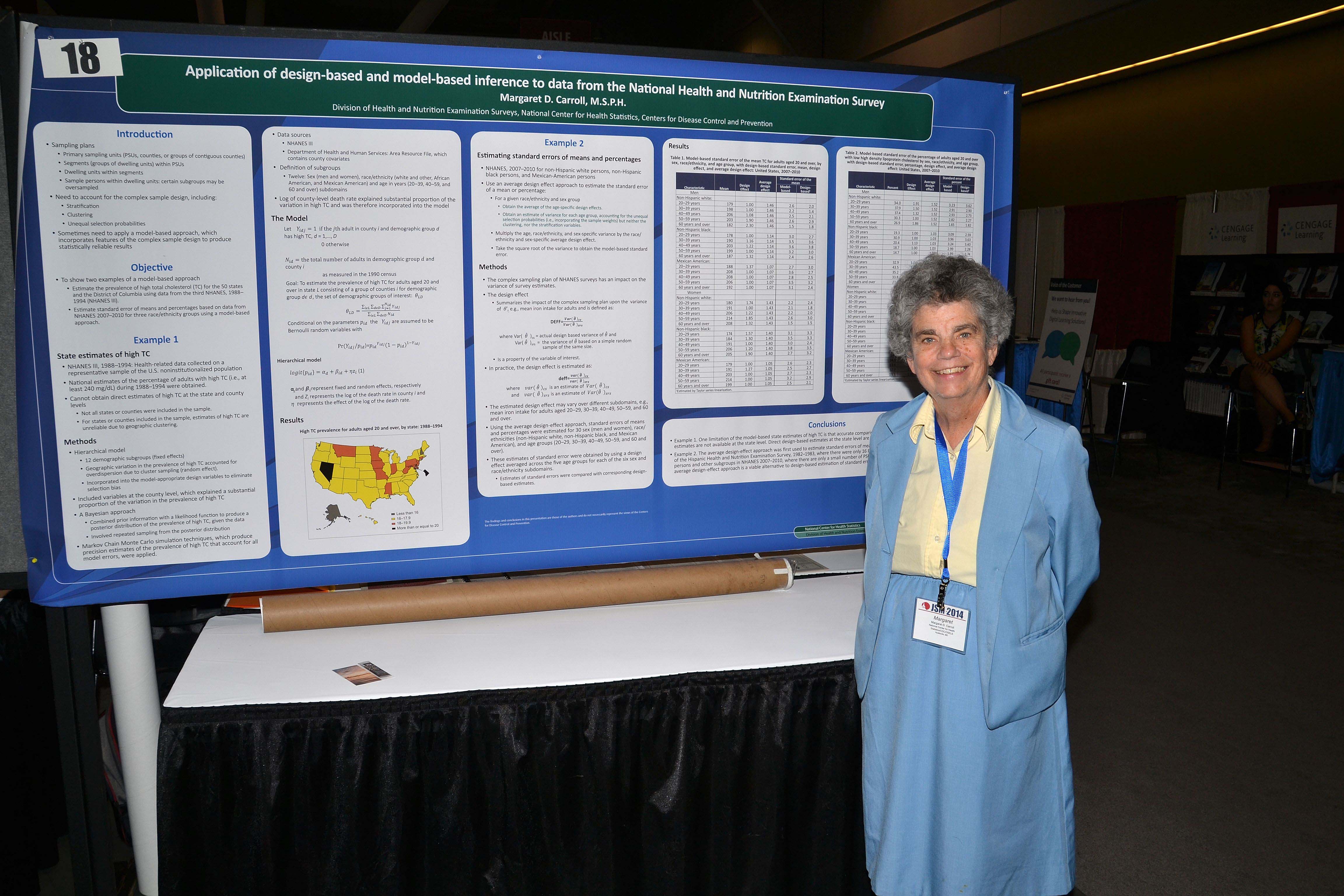 Margaret Carroll presents a poster titled "Application of Design-Based and Model-Based Inference to Data from the National Health and Nutrition Examination Survey"