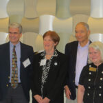 Former and current chairs of Emory University’s Department of Bioinformatics enjoy the department's 50th anniversary celebration. From left: Michael Kutner (1986–1988,1990–1991, 2002–2009); E.C. Hall (1970–1986); Lance Waller (2009–current); Donna Brogan (1992–1993); Michael Haber (1993–1994); Vicki Hertzberg (1994–2001); and Raymond  Greenberg (1988–1990)