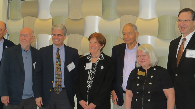 Former and current chairs of Emory University’s Department of Bioinformatics enjoy the department's 50th anniversary celebration. From left: Michael Kutner (1986–1988,1990–1991, 2002–2009); E.C. Hall (1970–1986); Lance Waller (2009–current); Donna Brogan (1992–1993); Michael Haber (1993–1994); Vicki Hertzberg (1994–2001); and Raymond  Greenberg (1988–1990)