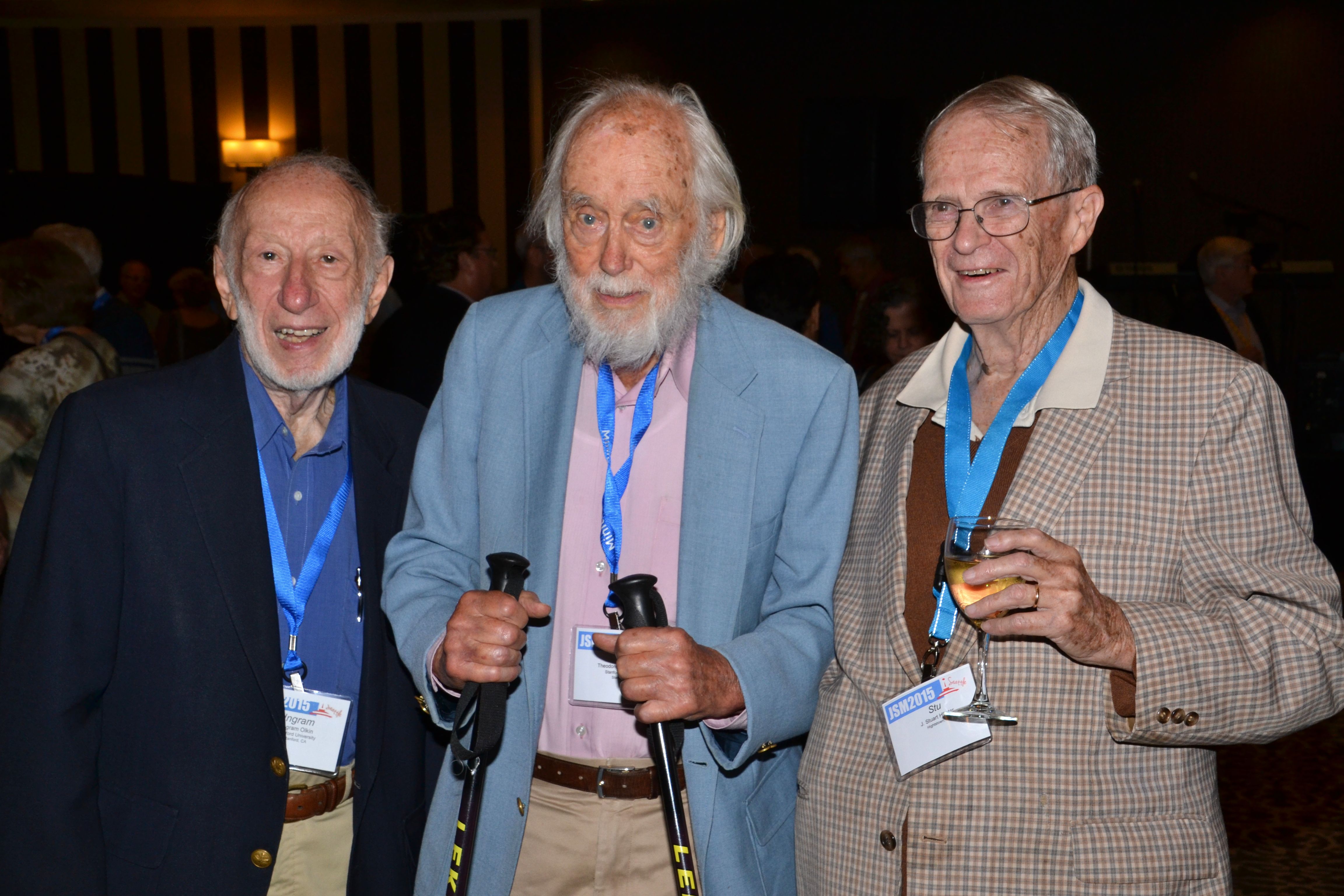Ingram Olkin, Ted Anderson, and Stu Hunter attend the Longtime Member Reception. 