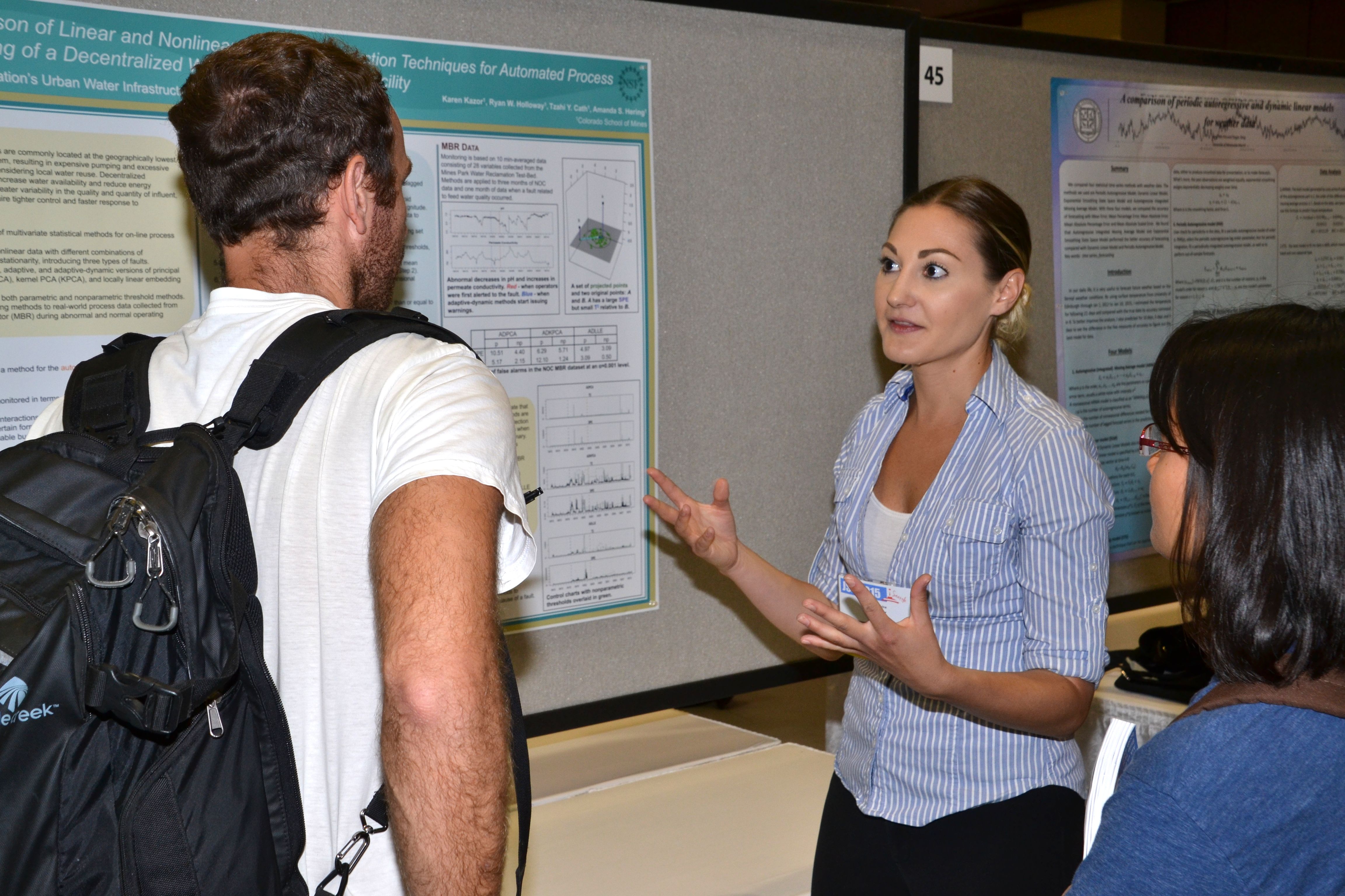 Karen Kazor of the Colorado School of Mines discusses her poster, titled "Comparison of Linear and Nonlinear Dimension Reduction Techniques for Automated Process Monitoring of a Decentralized Wastewater Treatment Facility." 
