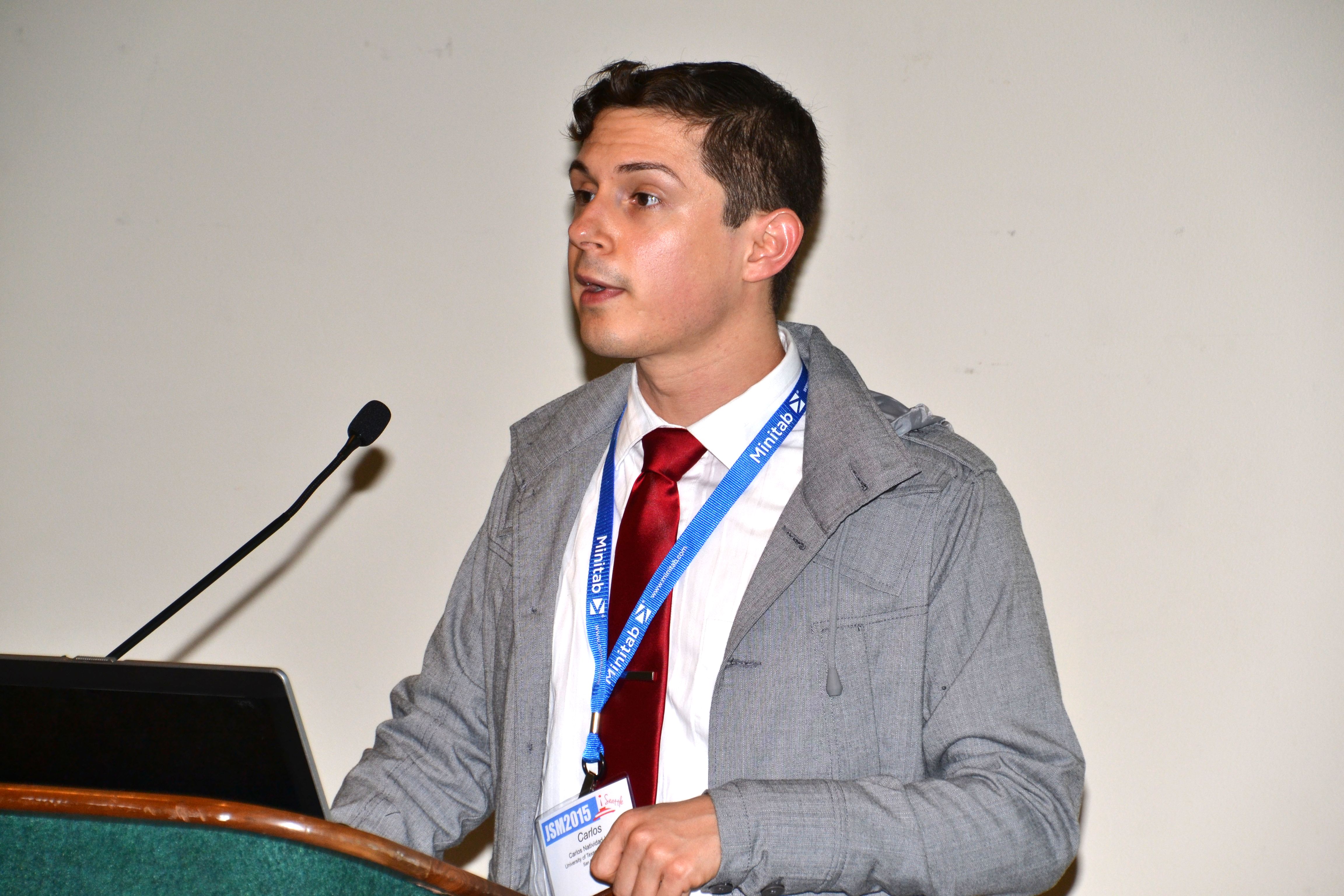 Carlos Natividad-Licon of The University of Texas at San Antonio speaks during the speed session Topics in Imaging Biostatistics, Computing, and Modeling: Classification of Greek Wines According to Geographic Region. 