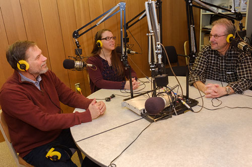 Photo courtesy of Scott Kissell, Miami University At Miami University, John Bailar, head of the statistics department (left), and Richard Campbell, chair of the media, journalism, and film department (right), record the Stats + Stories podcast with moderator Rosemary Pennington of the department of media, journalism, and film.