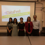 Arizona Chapter officers promote a DataFest hackathon to Arizona State University students. From left: vice president Jie (Jane) Pu, treasurer Yongzhao Peng, officers Shuo Jiang and Chantal Jubinville, and president Rodney Jee.