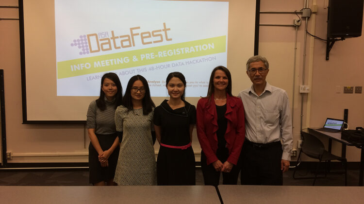 Arizona Chapter officers promote a DataFest hackathon to Arizona State University students. From left: vice president Jie (Jane) Pu, treasurer Yongzhao Peng, officers Shuo Jiang and Chantal Jubinville, and president Rodney Jee.