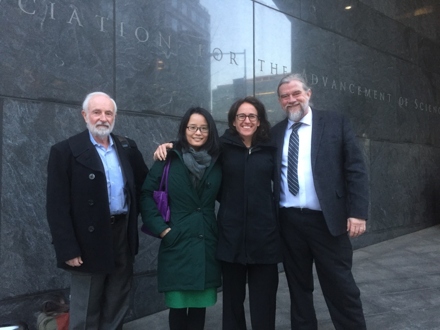 Photo by Steve Pierson/ASA From left: The ASA’s 2018 Climate Science Day participants—Peter Bloomfield, Bo Li, Dorit Hammerling, and Leonard Smith—gather in front of the American Association for the Advancement of Science building. 
