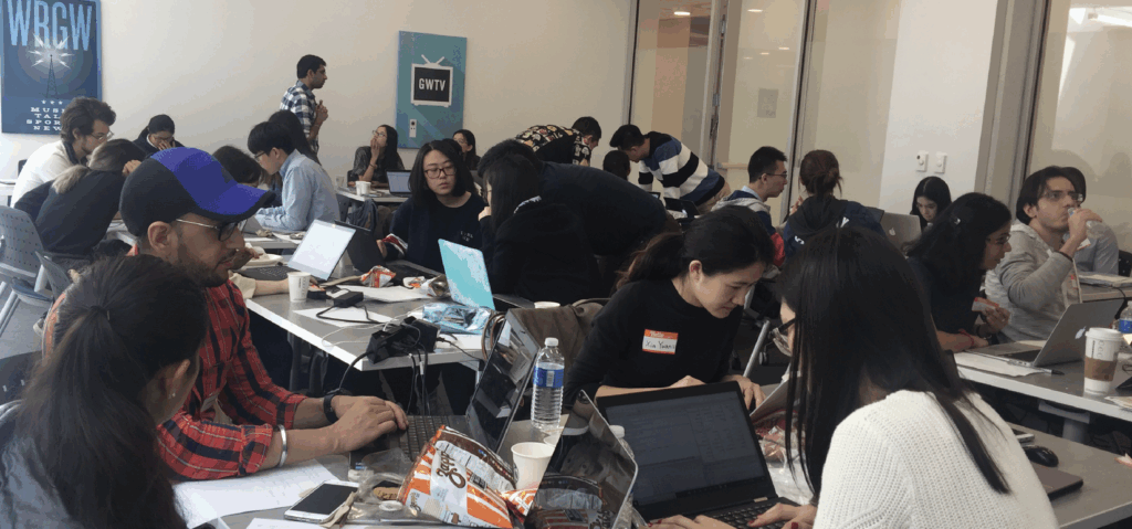 Students participate in a hackathon at The George Washington University, Washington DC, April 28, 2018.