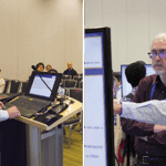 Meg Ruyle/ASA At left, Christian Léger of the University of Montréal presents the oral part of his speed session. At right, he discusses his poster with Steve McEachern of The Ohio State University at JSM 2018 in Vancouver, Canada.