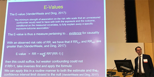 Tyler VanderWeele gives the keynote presentation, which focused on assessing mediation, interaction, and causation in the associations between religious service attendance and suicide.