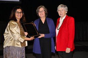 Bhramar Mukherjee (left) and Lynne Billard present the Florence Nightingale David Award to Susan Ellenberg (University of Pennsylvania). Photo by Eric Sampson/ASA