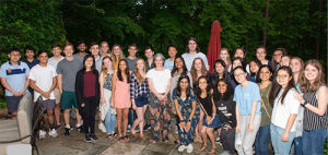 Photo of BSPH biostatistics majors gather at the home of Jane Monaco, director of undergraduate studies, in May 2019.