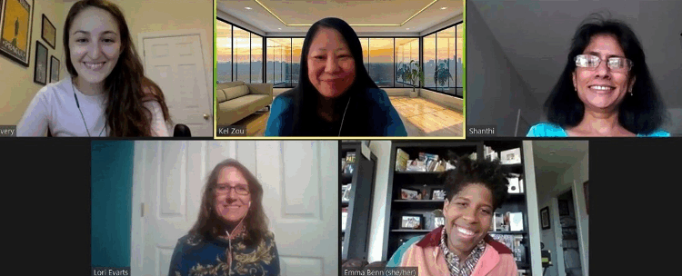 Photo of the panel for the session ”Skills and Strategies for Successful Negotiation,” held at the 2020 Women in Statistics and Data Science Conference, which featured Kelly H. Zou (top middle), Shanthi Sethuraman (top right), Lori Evarts (bottom left), and Emma Benn (bottom right) and was moderated by Jessica Lavery (top left).