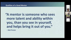 Photo shows a slide from David Morganstein’s journey lecture, “Journey of a Statistical Consultant,” focused on mentoring, finding your niche, and the importance of soft skills in the profession. It reads "A mentor is someone who sees more talent and ability within you, than you see in yourself, and it helps bring it out of you." The quote is by Bob Proctor. 