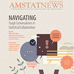 Cover of the September 2021 issue of Amstat News shows a graphic showing talking bubbles of different colors and shapes