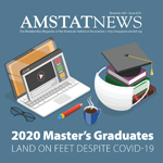 Cover of the November 2021 Issue of Amstat News, showing a computer, books, a graduation cap, and a face mask