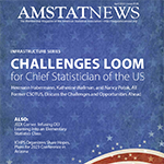 Cover of the April issue of Amstat News with the headline: Challenges Loom for Chief Statistician of US