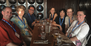 From left: Matt Hayat, Martina Mueller, Wei Pan, Janet Rothers, Alai Tan, Yelena Perkhounkova, and Melinda Higgins enjoy happy hour at JSM 2018 in Vancouver, British Columbia, Canada.