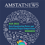 Image shows assorted STEM icons in white on a dark blue background with the Amstat News header at the top. The text reads "ASA 2022 Data Visualization Poster and Statistics Project Competitions Winners" in the middle 
