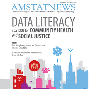 Image shows assorted STEM icons in white on a dark blue background with the Amstat News header at the top. The text reads "Data Literacy as a tool for community health and social justice in the middle 