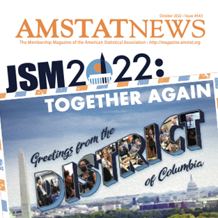 Image shows the October Amstat News cover, with a JSM postcard and text reading JSM 2022:Together Again