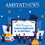 Image shows the November Amstat News cover, with an illustration of college students in front of text reading "ASA Recognized Academic Departments for JEDI Efforts"