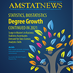 Image shows the December Amstat News cover, with an illustration of a colorful tree being held up by stick figures wearing grad caps 