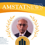 The April cover of Amstat News reads "C.R. Rao Awarded International Prize in Statistics" under a photo of C.R. Rao.