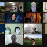 A Zoom screen shows 14 people of varying ethnicities.