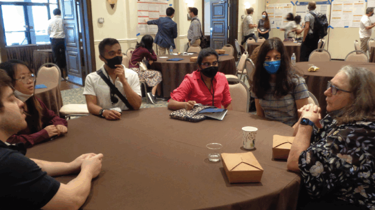 ASA Past President Katherine Ensor (right) meets with students from the Statistical Undergraduate Research Experience program during a snack break at the 2021 Summer Research Conference, hosted by Emory University’s Department of Biostatistics and Bioinformatics.